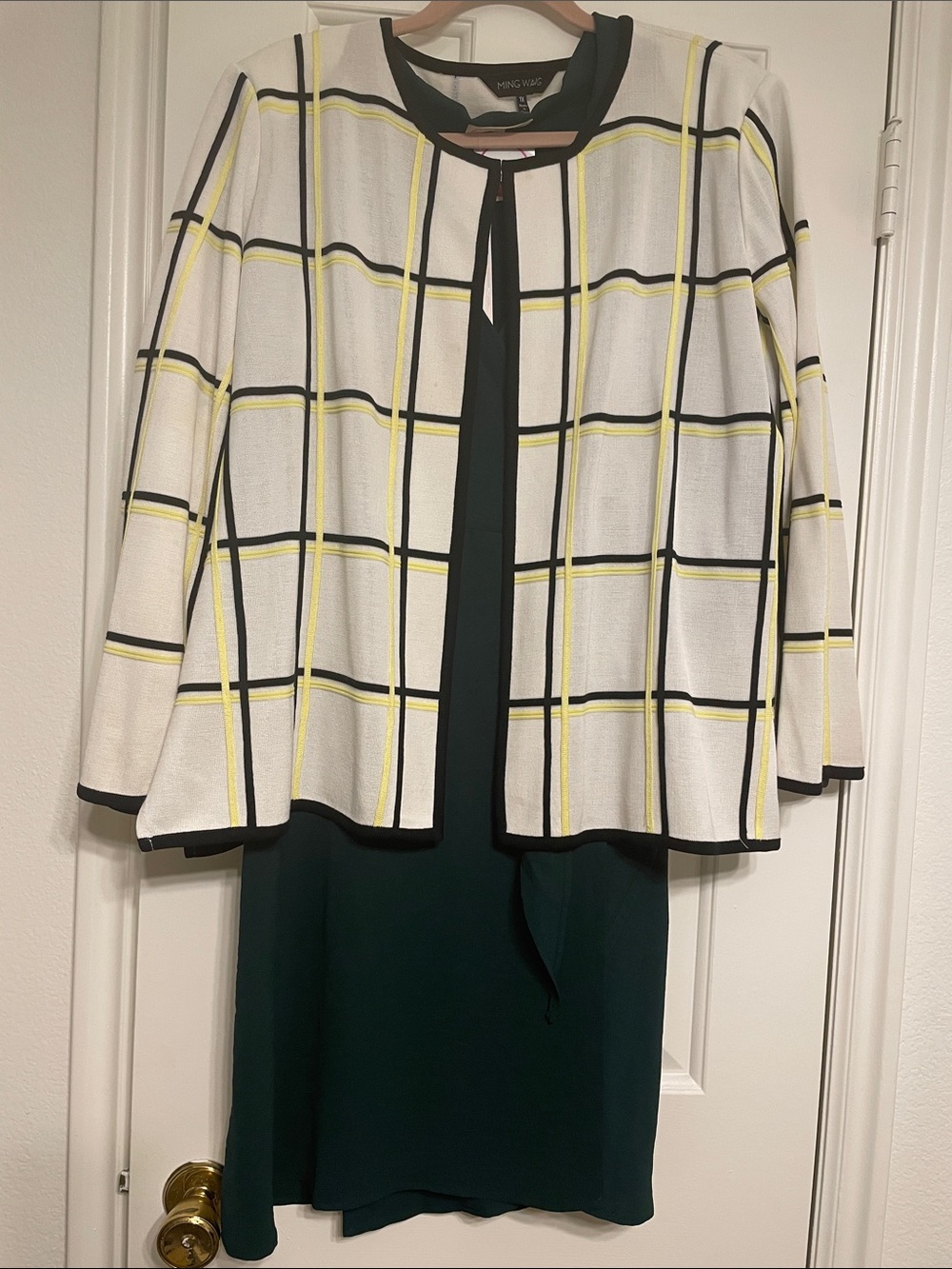 Ming Wang White Windowpane Jacket with Yellow & Dark Green Skirt Set